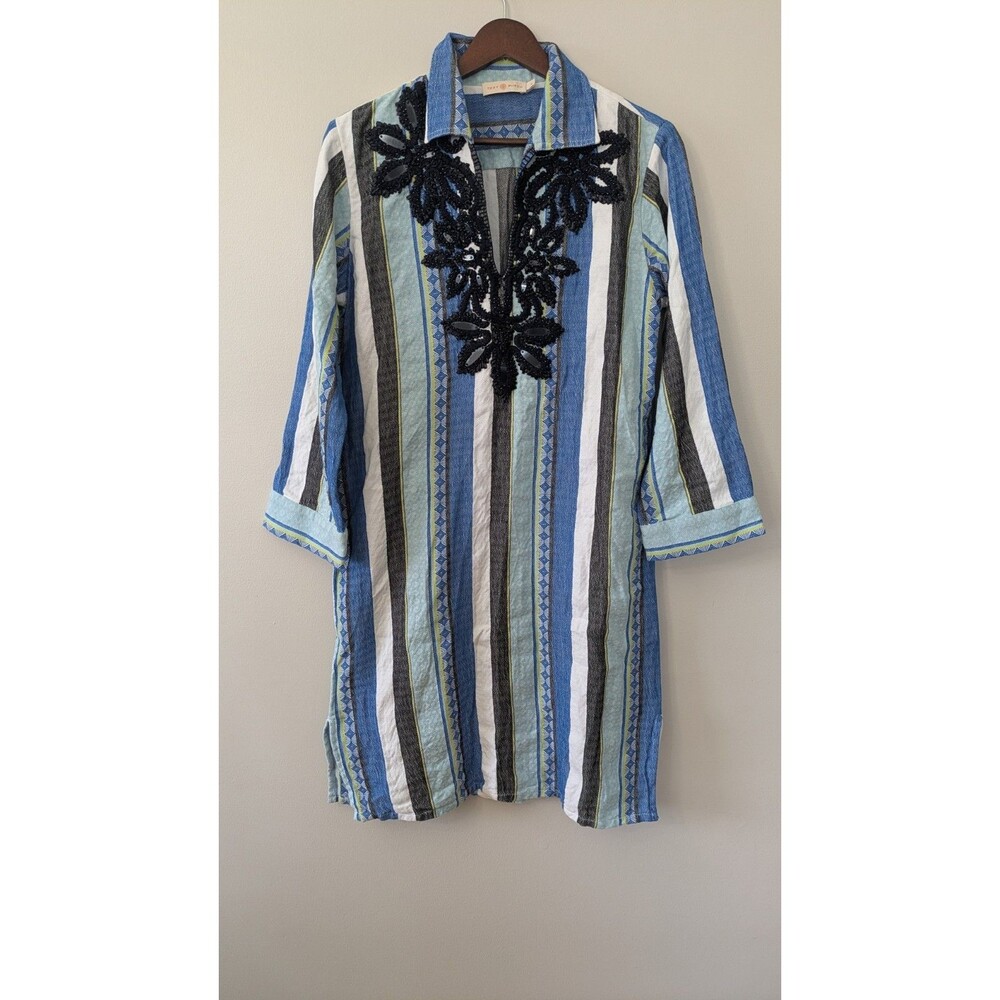 Tory Burch Embroidered Beaded Dress Sz 4 Relaxed Coastal Blue Stripe Collar $548